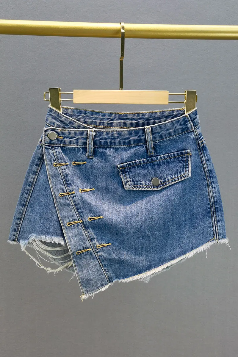 

High Waist Blue Denim Shorts Skirts Women's Culottes 2021 Summer Loose Slimming Ripped Short Skirt Lady Short Jeans Feminino