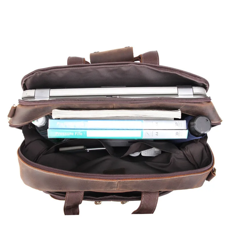 Luxury men's leather business briefcase natural leather retro handbag 17 inch laptop bag diagonal bag