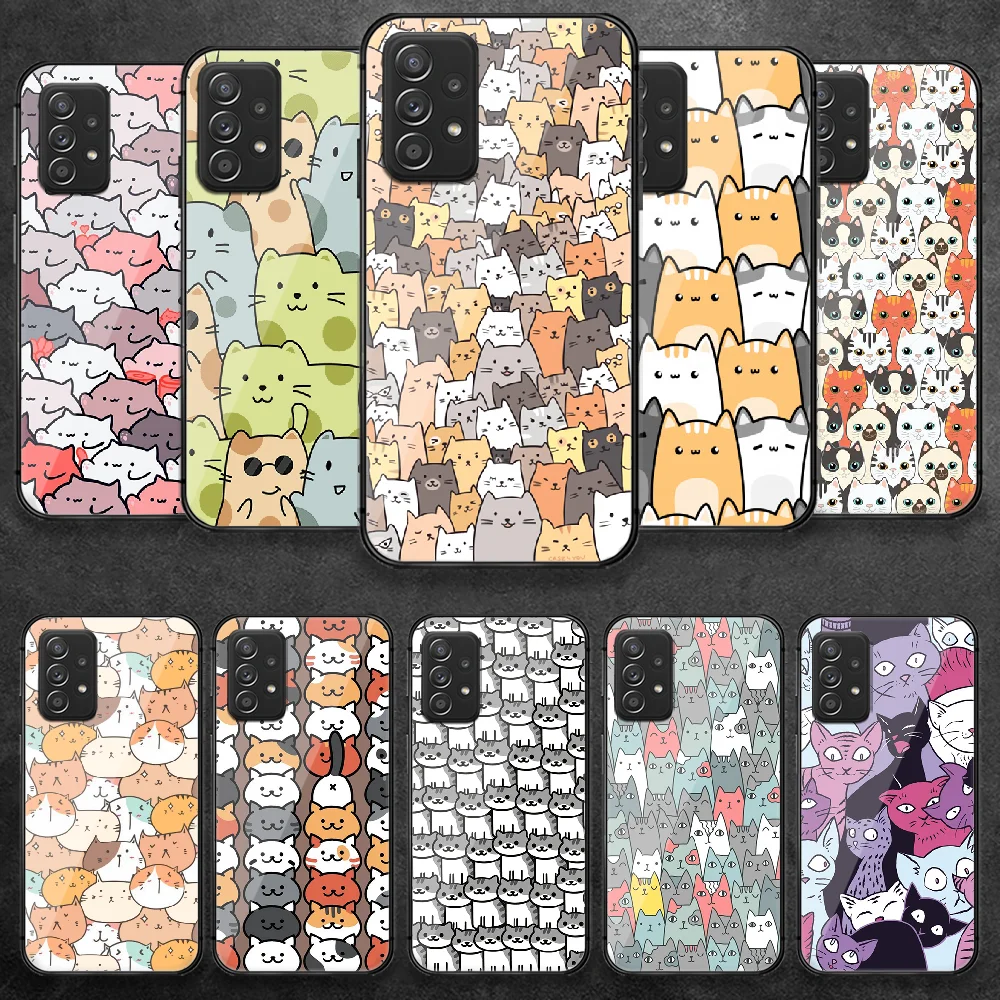 

Cute Cat Cartoon Tempered Glass Phone Case Cover For Samsung Galaxy A 10 12 20 E 21 30 32 50 40 51 52 70 71 72 S Cover Painting