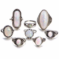 8pcslot retro silvery rings for women drop oval flower opal ring diy punk jewelry wedding party 2021 new wholesale