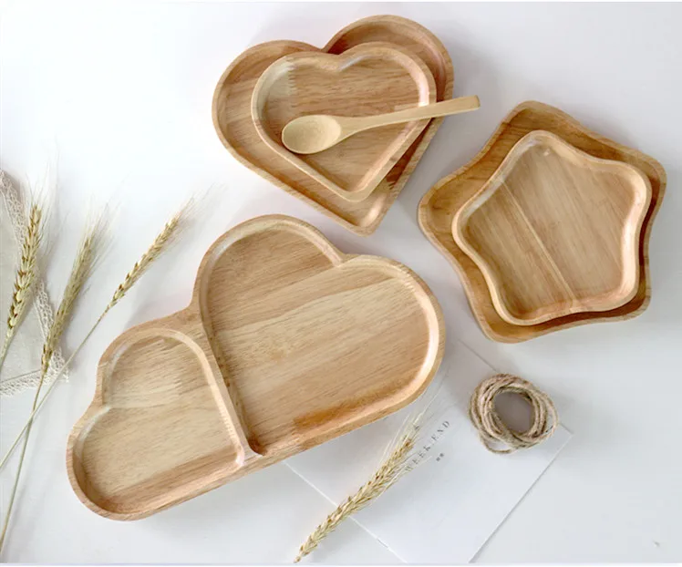 Japan Style Wooden plate love breakfast plate western bread plate star snack plate oak grid Tray