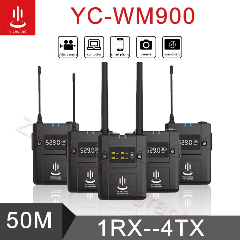 

Yichuang WM900 Wireless Microphone 1RX 4TX 50m Mic kit Receiver Transmitter for DSLR Camera Stabilizer Smartphone YC-WM900