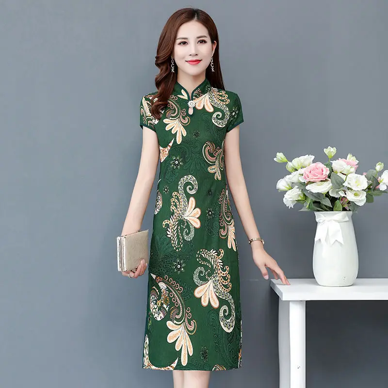 

Summer loose printed cheongsam dress short-sleeved new temperament Chinese style slim slim mid-length skirt