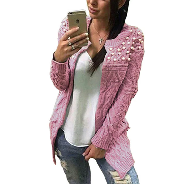 

2020 Winter Women Sweaters Long Sleeve Nail Beading Knit Cardigan Lady O-Neck Warm Cardigans Knitted Loose Sweaters