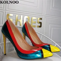 kolnoo handmade real pictures ladies stiletto heeled pumps patchwork leather slip on pointy office career evening fashion shoes