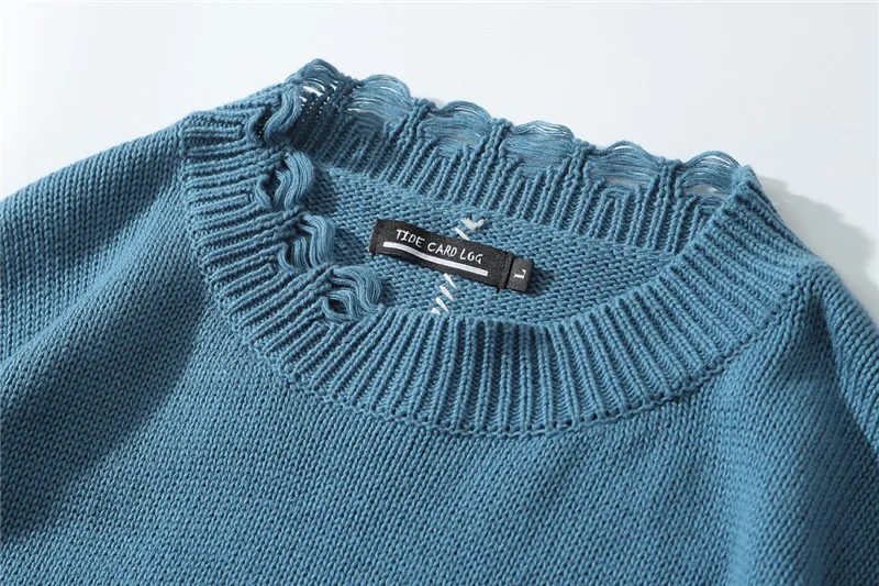 

National Trends Solid Color Hole Sweater Men's Fashion Brand Street Hip-hop Lazy Style T-shirt Mens Fashion Loose Casual Sweater