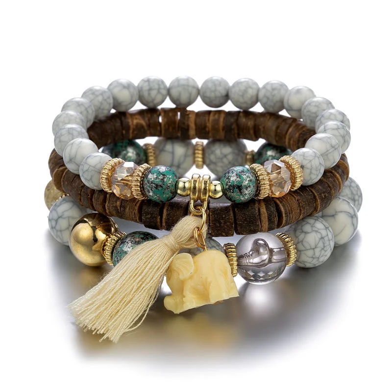 

Bohemian European and American fashion jewelry, baby elephant tassel wooden beads multi-layer temperament bracelet jewelry gift