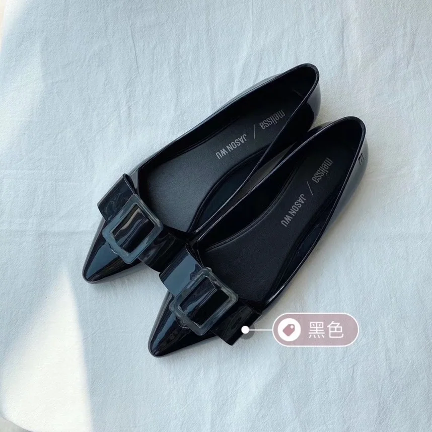 

2020 new women's shoes jelly shoes bowknot square button flat sole pointed shoes