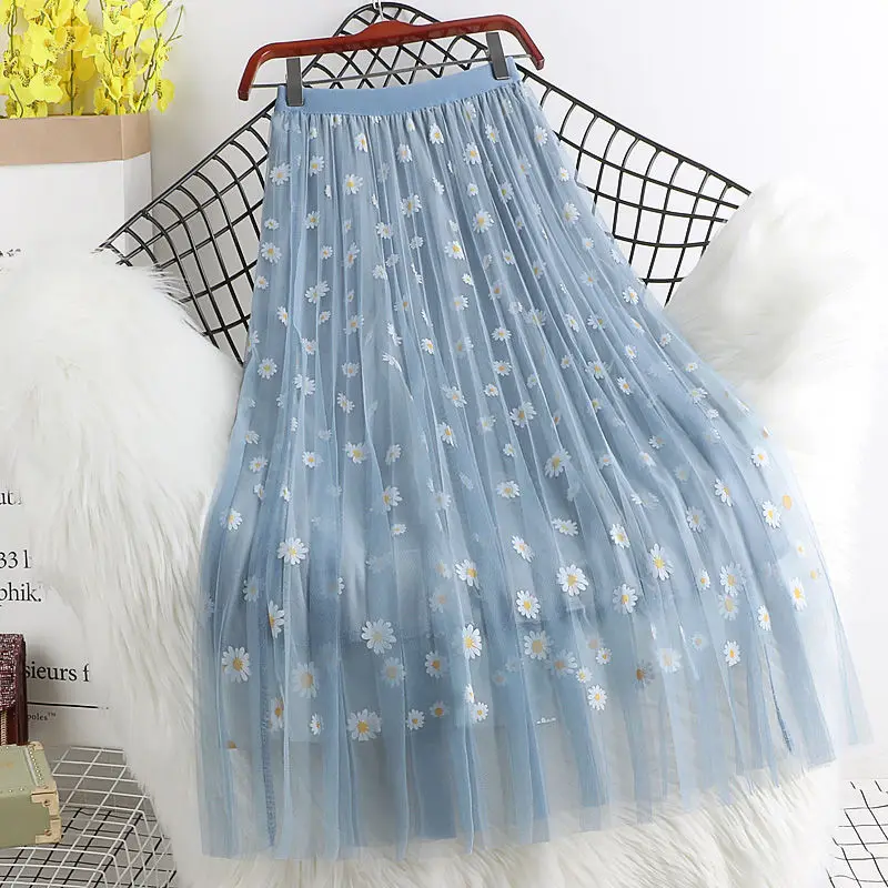 

Women Mesh Skirt Daisy Floral High Waist Slim A- Line Knee-length 3-layer Long Pleated