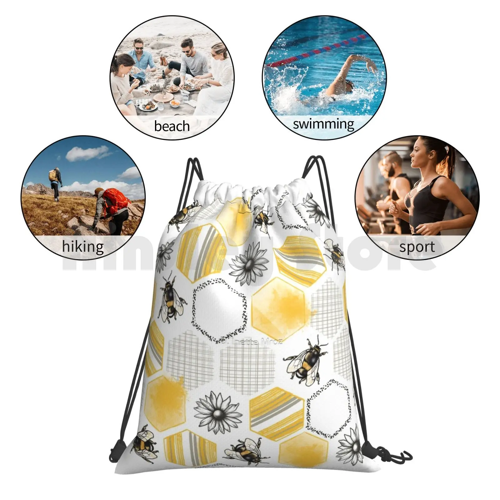 

Bee Joyful Backpack Drawstring Bag Riding Climbing Gym Bag Bees Flowers Orange Yellow Gold Spring Sunny Pattern Floral