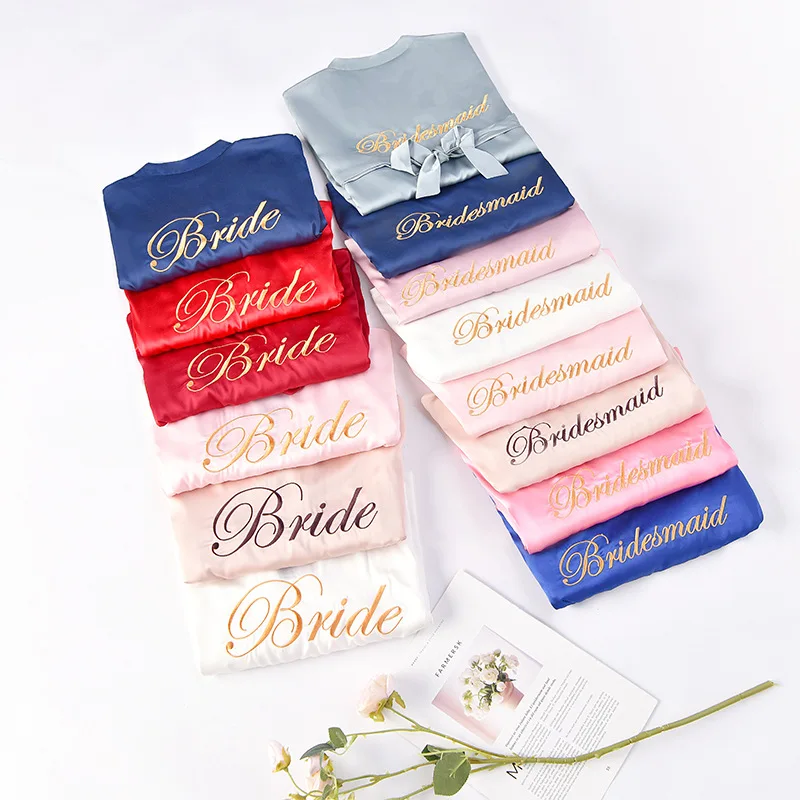 

Women Satin Long Night Embroidery Robe Solid Kimono Robe Sexy Bathrobe Peignoir Bride Bridesmaid Robe Fashion Dressing Gown