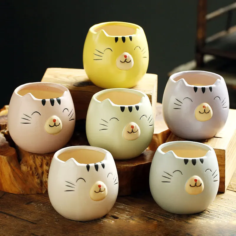 

Мультяшный улыбающийся Кот, керамическая планка, простое зеленое растение в горшке, настольное украшение, домашнее креативное украшение дл...