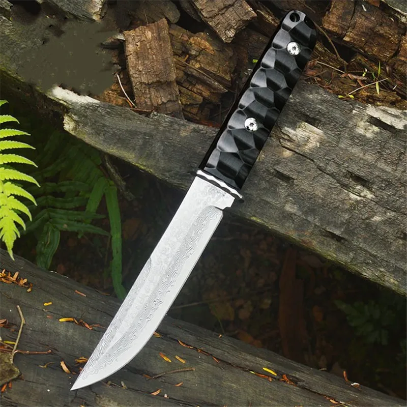 Прямой нож Warrior (дамасский) из натурального черного дерева с красивыми линиями