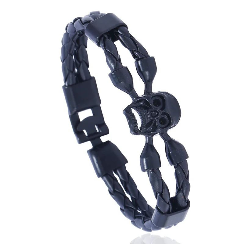 Винтажный черный браслет с черепом браслеты ручной работы длина 210 мм кожаный