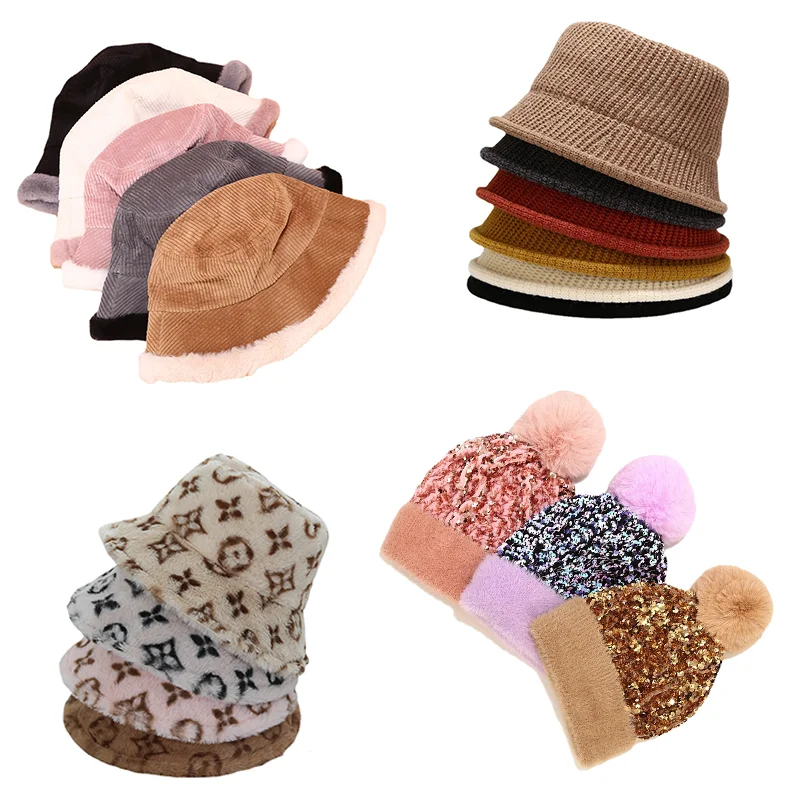 

2021 New Winter Bucket Hats for Women Multi Style Thickened Warm Panama Hat Velvet Furly Knitting Sequins Corduroy Fisherman Cap