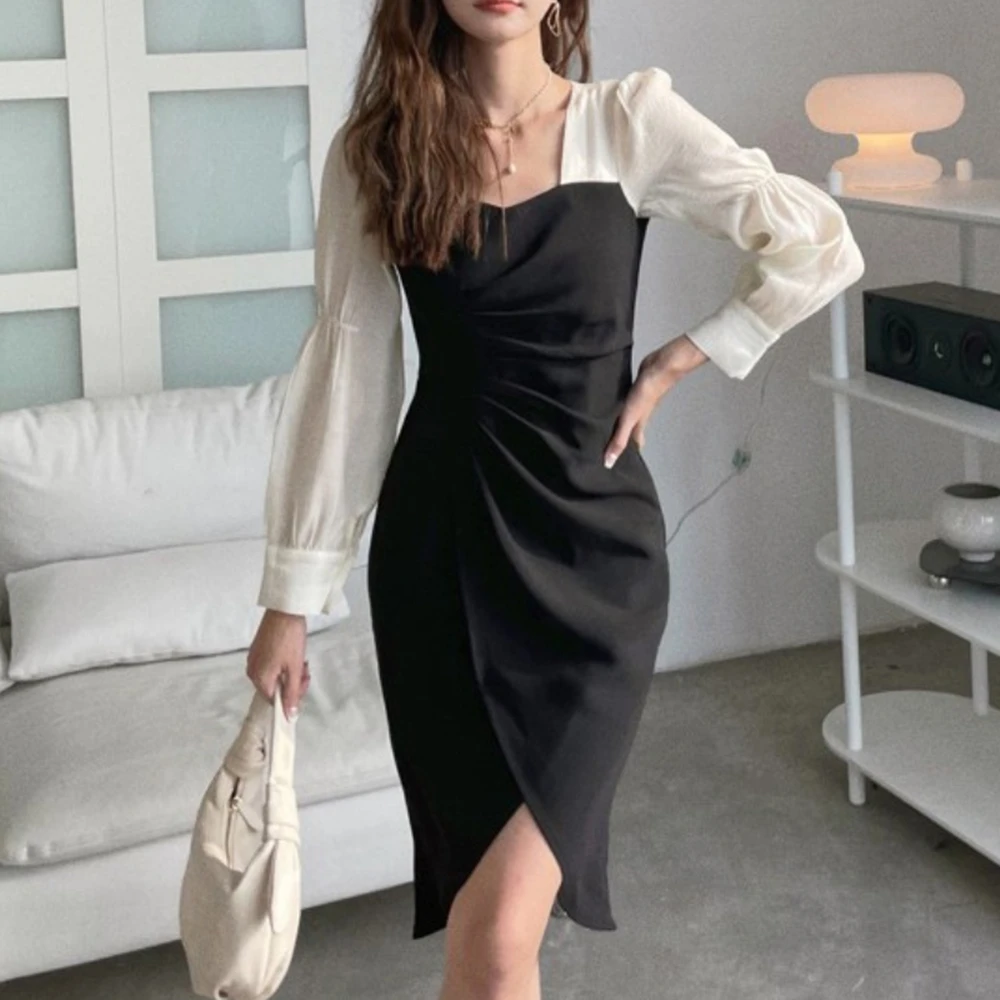

Women Autumn Elegant Irregular Patchwork Slim Waist Midi Dress Femme Fashion A-Line Long Sleeve Vestidos Black Clothing