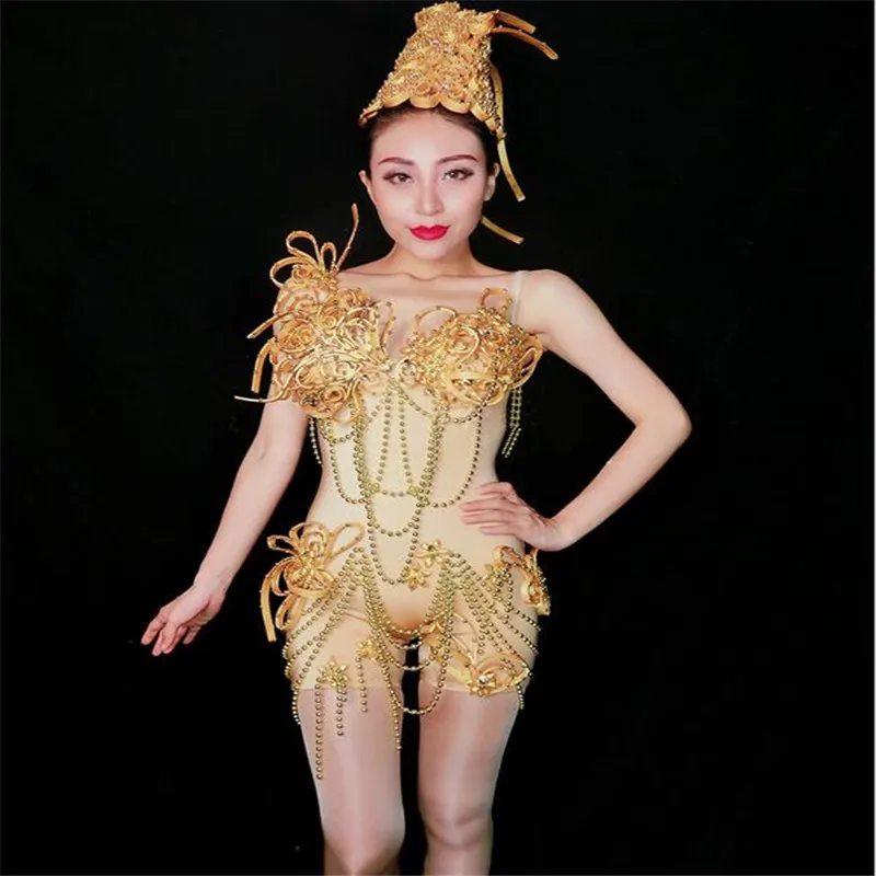 

X40 Singer perform dance costumes gold flower female sexy bodysuit pearl chain jumpsuit stretch siamese bar wear crystal outfits