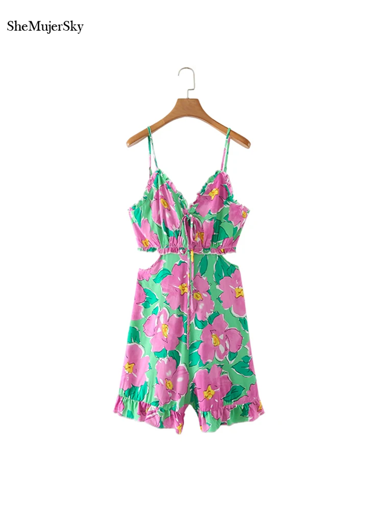 

SheMujerSky Summer Floral Print Camisole Playsuit 2022 Casual Ruffles V-neck Hollow Waist Rompers Womens
