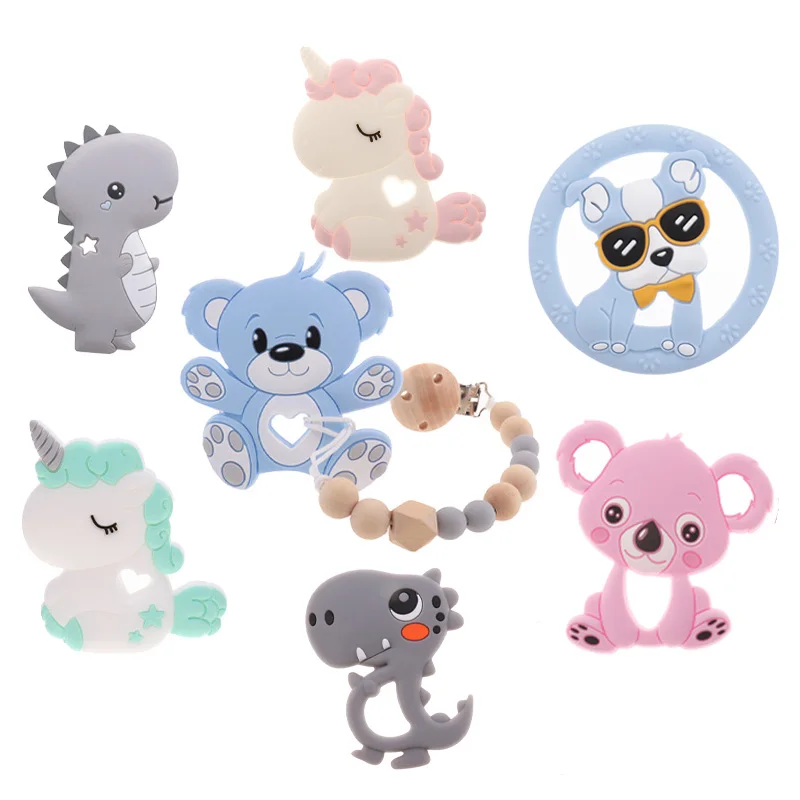 Mordedores de silicona para beb&eacute;s, productos para reci&eacute;n nacidos, chupete personalizado, oso, dinosaurio, Koala, sin BPA, 10 piezas-0