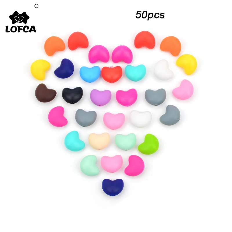 LOFCA-Cuentas de silicona sueltas en forma de coraz&oacute;n para dentici&oacute;n, collar con colgante, cuentas para mordedor de beb&eacute;, seguro, BPA, DIY, 50 Uds.-0