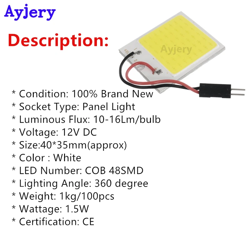 AYJERY 100 PCS Car Vehicle LED COB 48 SMD 12V DC Panel Light 48LED Interior Dome With T10 + Festoon/BA9S Socket | Автомобили и