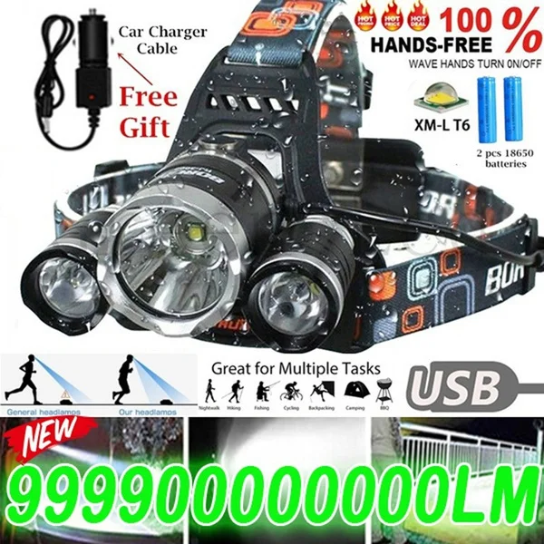 

Светодиодный налобный фонарь, суперъяркий налобный фонарь T6, уличный водонепроницаемый налобный фонарь с зарядкой от USB и аккумулятором 18650...
