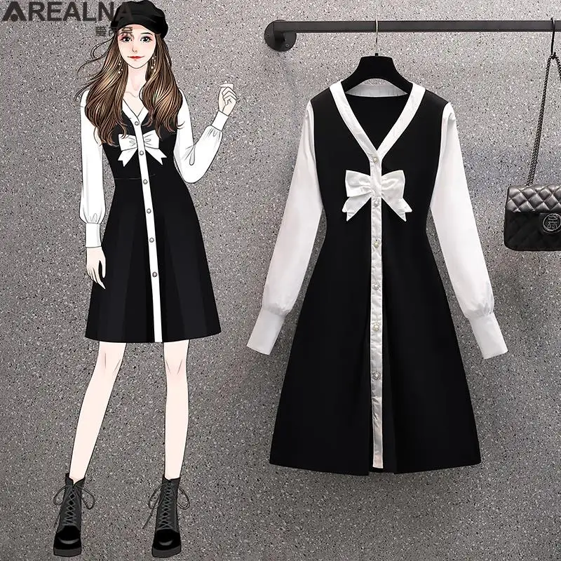 

autumn knitted Patchwork bow shirt dress women Korean fashion long Sleeve Elegant Oversized dresses for women 2022 vestidos 4XL