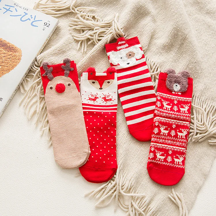 

4Pairs Cute Animal Christmas Red Happy Socks Elk & Fox Patterned Christmas Gift Cute Kawaii Breathable Cotton Women Short Sock