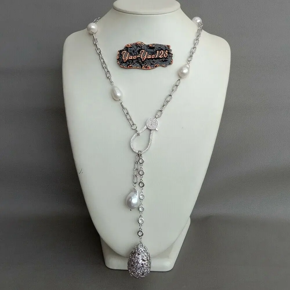 Фото 22 ''культивированный белый жемчуг в форме риса Cz ожерелье цепочкой Кеши