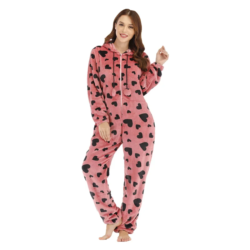 

2021 New Casual Home Wear Women Jumpsuits Winter Red Love Printed Clothes Ladies Zipper Hoodies Long Sleeve Fleece Warm Pajamas