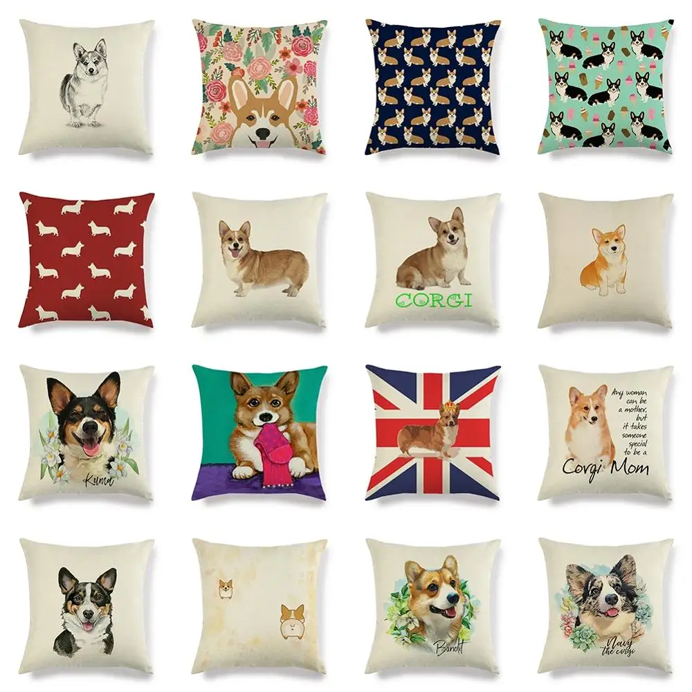 

18" Cute Pet Dog Corgi Pattern Pillow Case Cotton Linen Sofa Living Room Seat Car Office Home Decorative Cushion Cover