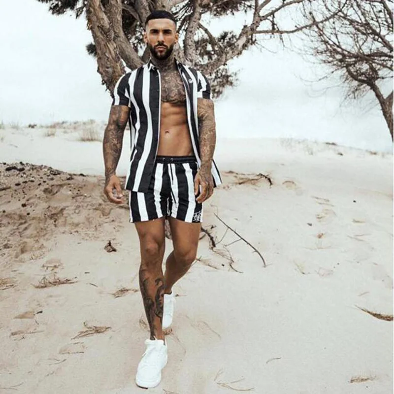 

Men's Fashion Striped Hip-hop Quick-drying Beach Shorts 2020 Summer New Sik Silk Printing Outdoor Sports Fitness Jogging Shorts