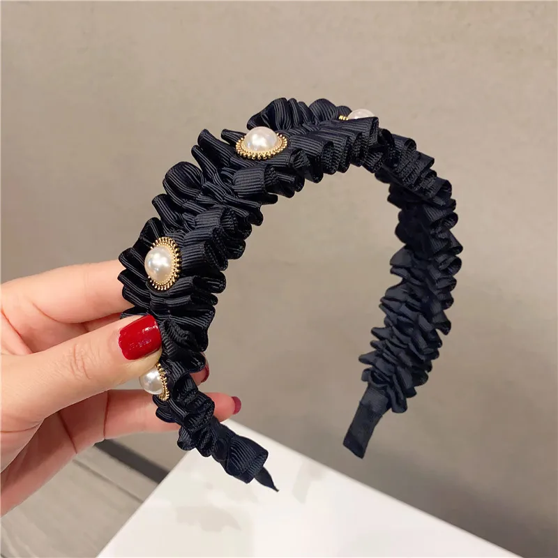 

Fabric Pearl Hairband For Women Hair Accessories Wide Headband Girls Korean Accordion Folds Fashion Head Wrap Wholesale