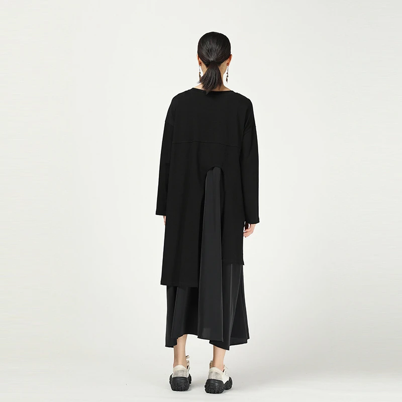 CHICEVER Korean Patchwork Hollow Out Women's Dress O Neck Long Sleeve Oversize Loose Irregular Midi Female 2020 Fashion | Женская