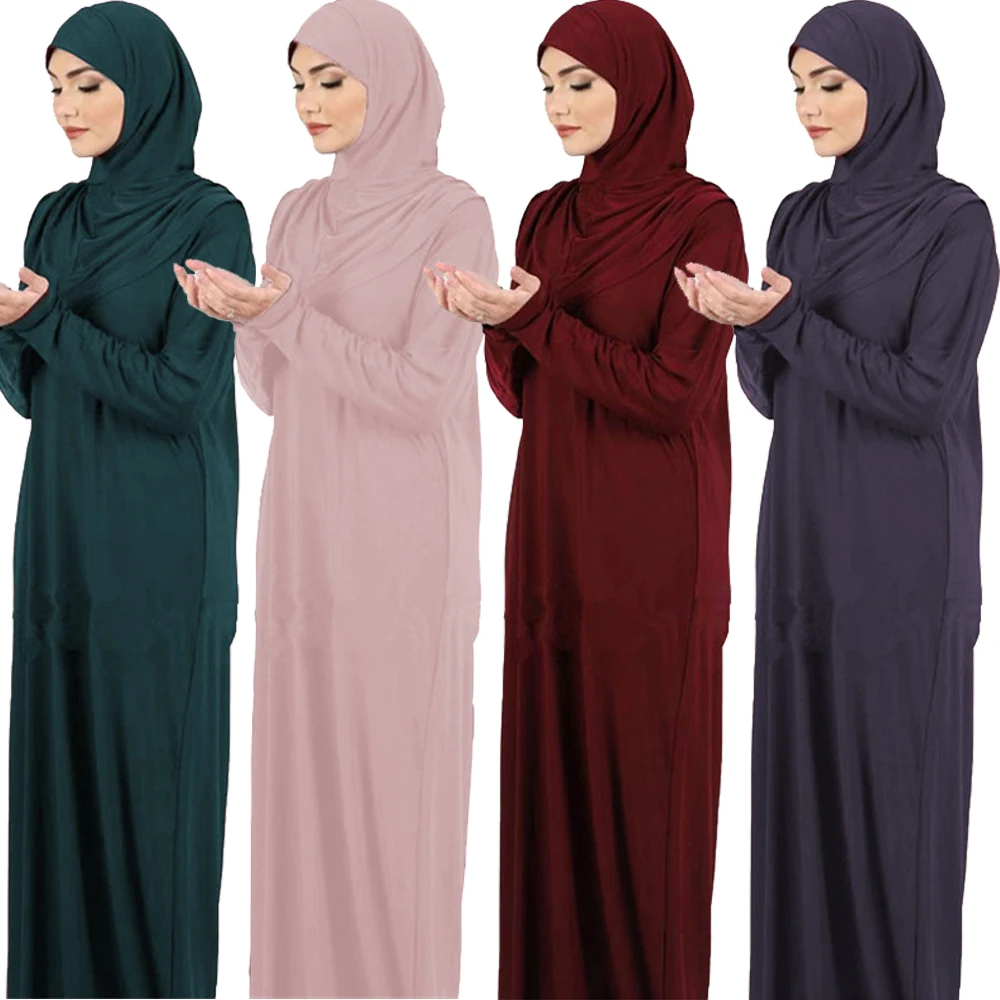 Ramadan One Piece Prayer Abaya Hooded Dress Kaftan Muslim Women Jilbab Hijab Dress Robe Solid Color Islam Dubai Turkey Clothes