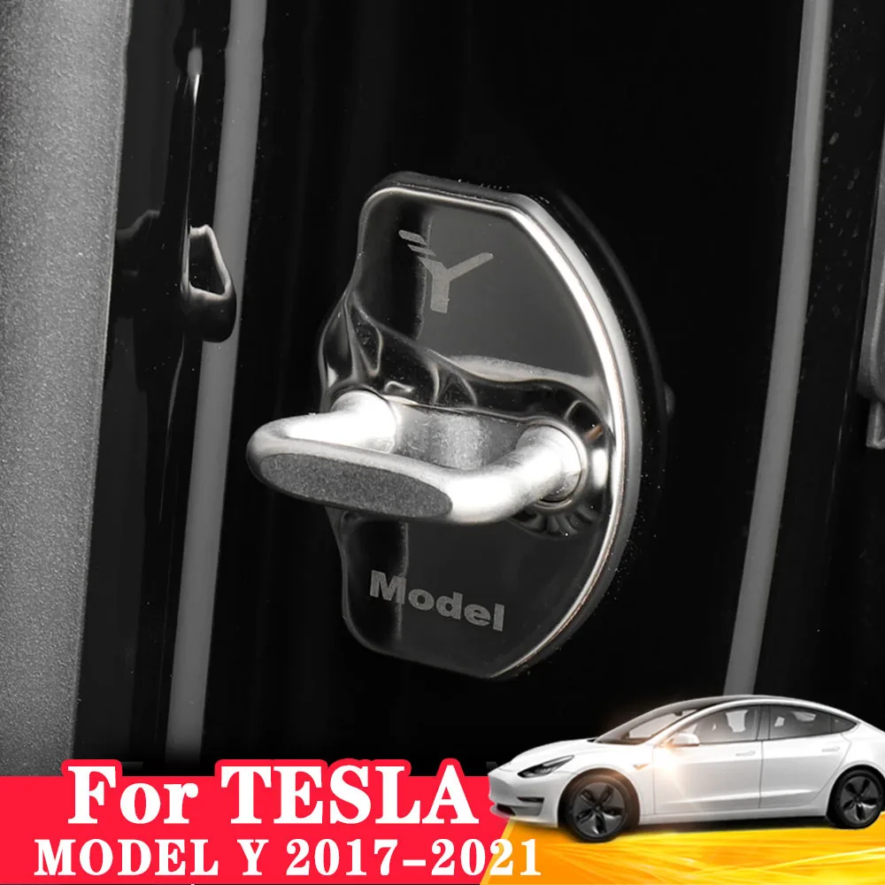 

Stainless Steel Car Door Lock Cover For Tesla Model Y 2020-2021 Rubber edging Interior Modification Accessories