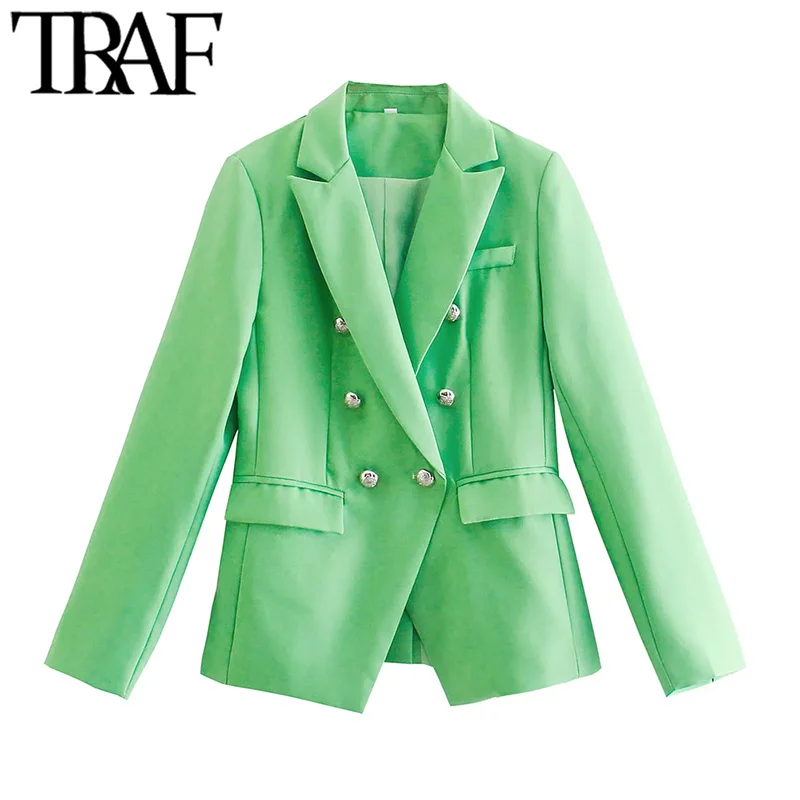 

TRAF Women Fashion Double Breasted Fitted Blazer Coat Vintage Long Sleeve Flap Pockets Female Outerwear Chic Veste Femme