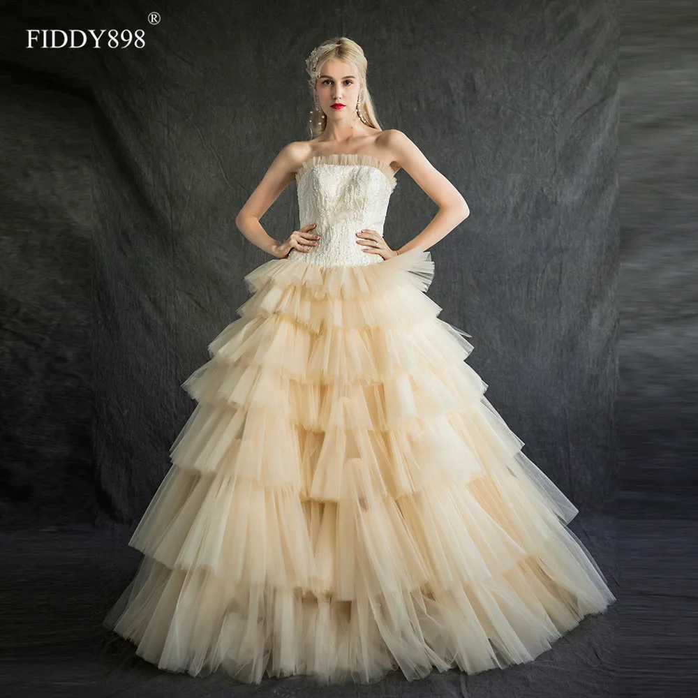

Princess Wedding Dresses Long Strapless Tulle Tiered Wedding Gown Floor Length Beaded Lace Bridal Gown Vestido Novia 2020