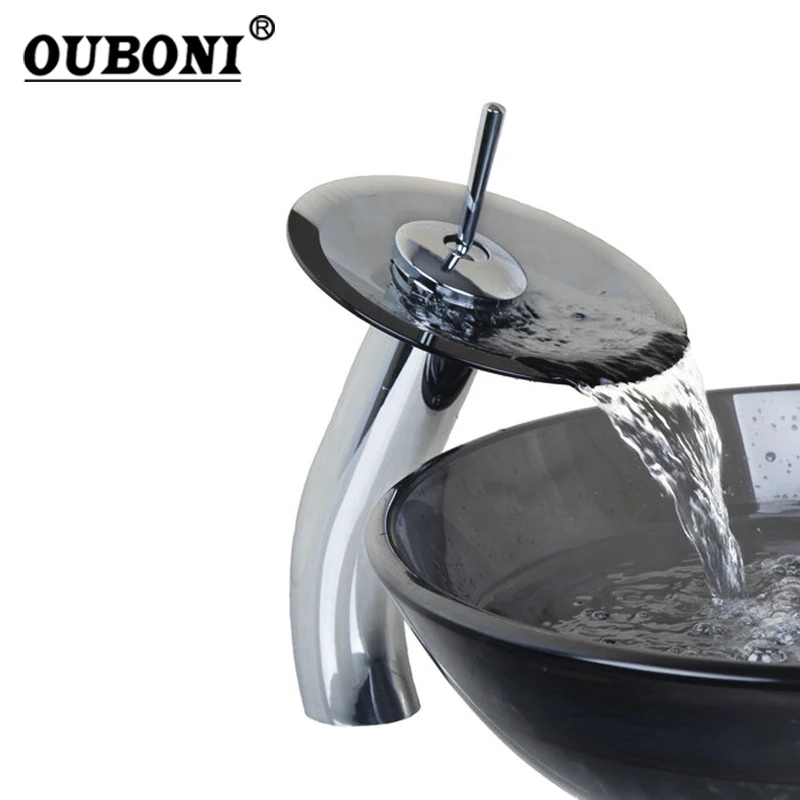 Black 2 OUBONI черный стекло хром латунь прозрачный закаленное стекло водопад кран стекло ванная раковина кран смеситель - Цвет: Black 2