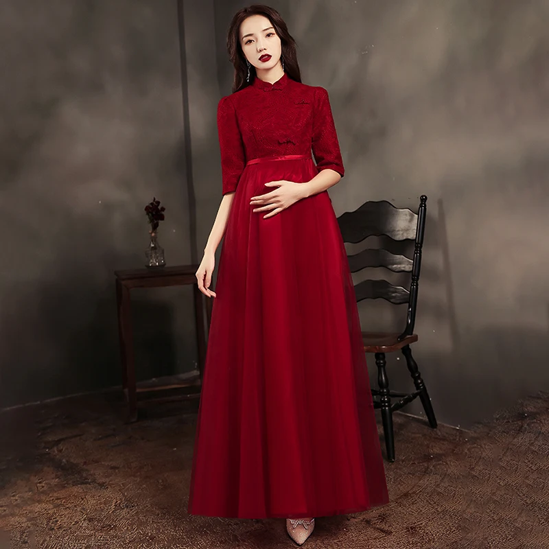

Evening Dress High Neck Half Sleeves Ankle-Length A-Line Zipper Back Simple New Burgundy Tulle Plus Size Women Formal Gowns D492
