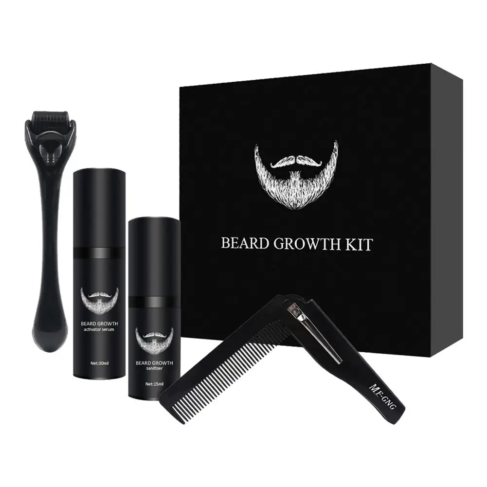 

4 Pcs/set Beard Growth Kit Barbe Hair Growth Enhancer Set Beard Nourishing Growth Essential Oil Facial Beard Care Kit With Comb