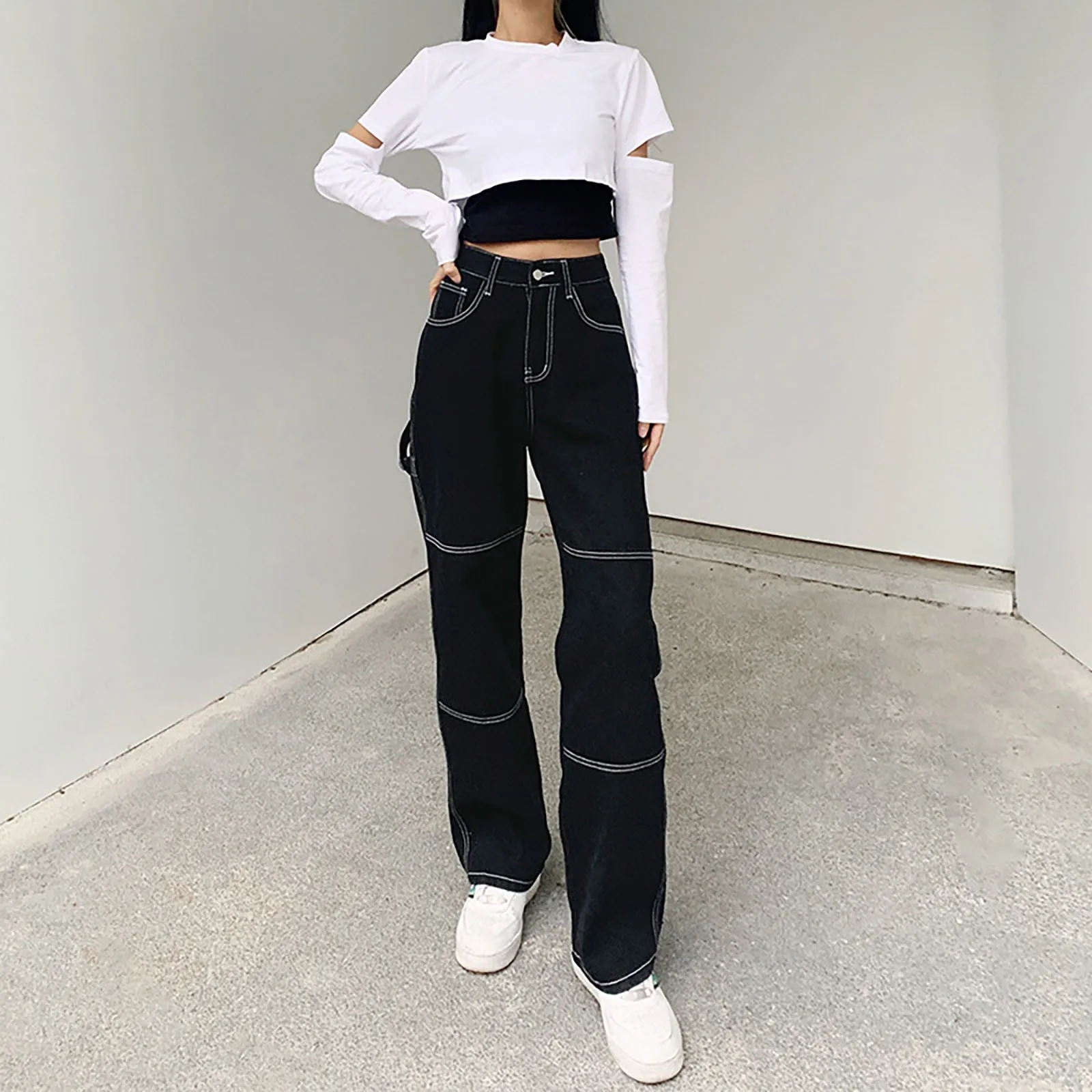 

Trousers For Female Women's Shorts Vintage Clothes Women's Stitching High Waist Loose Straight Trousers Casual All-match Jeans