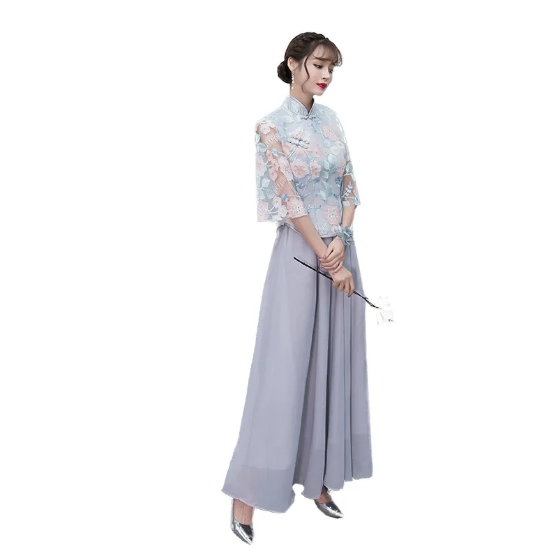 

Women Elegant Long Banquet Gown Temperament Novelty Cheongsam Sweet Exquisite Floral Embroidery Bridesmaid Pleated Dress