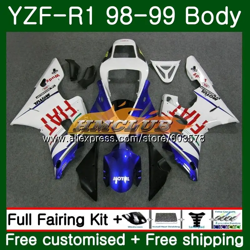 

Комплект обтекателя Для YAMAHA YZF R 1 YZF 1000 YZF1000 YZF R1 1998 1999 58CL.6, YZF-1000 98 99 YZFR1 98 99, белый и синий цвета