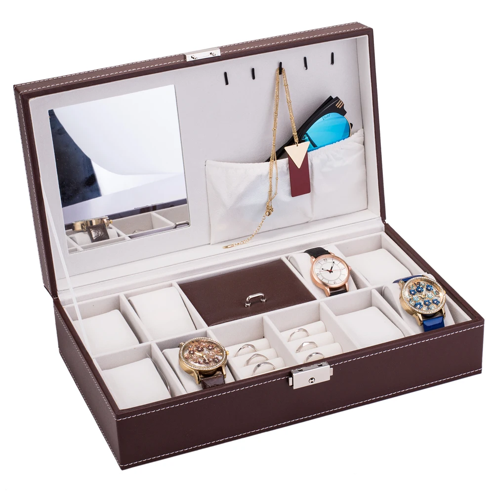 

Jewelry Box 8 Slots Watch Organizer Storage Case with Lock and Mirror for Men Women Brown US Warehouse