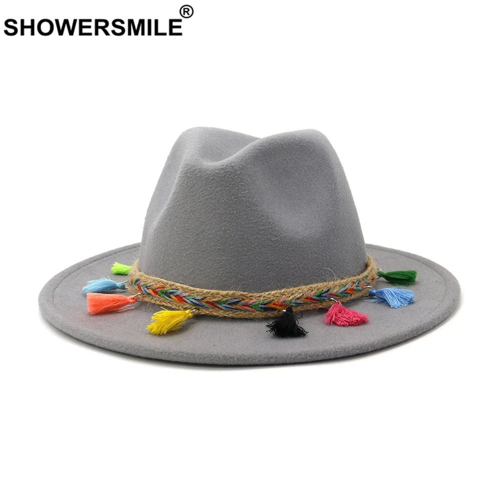 

SHOWERSMILE Fedora Hat Gray Felt Hat for Women Vintage Ladies Trilby Cap with Tassels Autumn Winter Female Jazz Panama Indy Hat