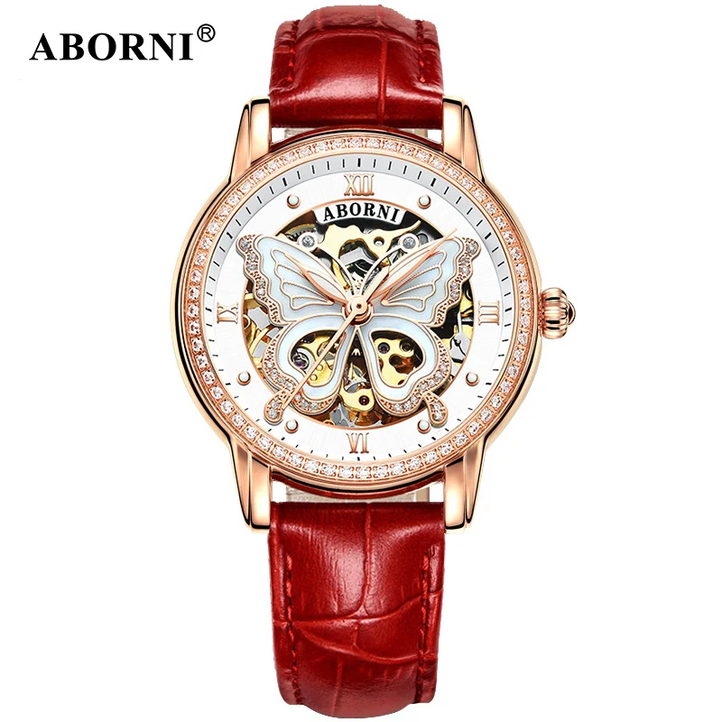 ABORNI автоматические часы кожаный ремешок чехол Vogue платье Скелет прозрачные для
