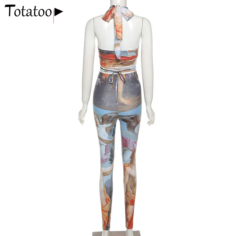 

Totatoop Night Club Party Outfit Sexy Women Two Piece Set 2021 Summer Halter Bandage Crop Tops And Legging Matching Sets Female