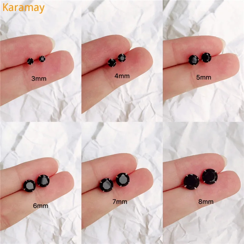 

Cute 3/4/5/6/7/8mm Round Stud Earrings Male Female Black Sapphire Earrings 100% Real 925 Sterling Silver Earrings For Men Women