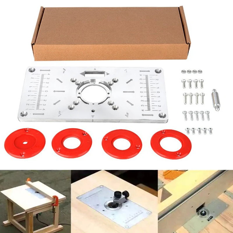 Router Table Insert Plate Aluminium Woodworking Benches Wood Router Trimmer Carpenter Trimming Engraving Board With 4 Rings